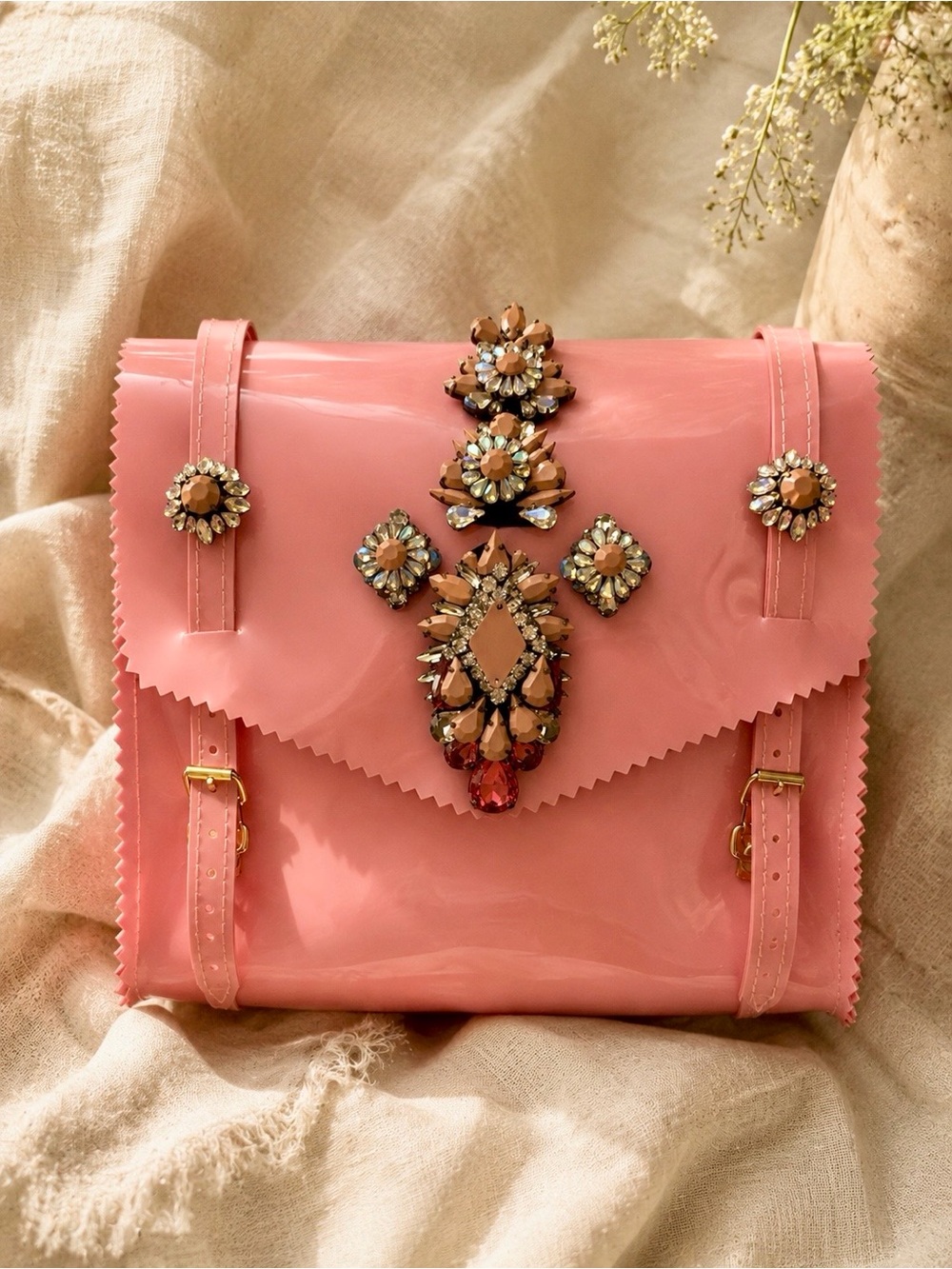 Pink Embellished Jeweled Statement Satchel Bag - Brand new